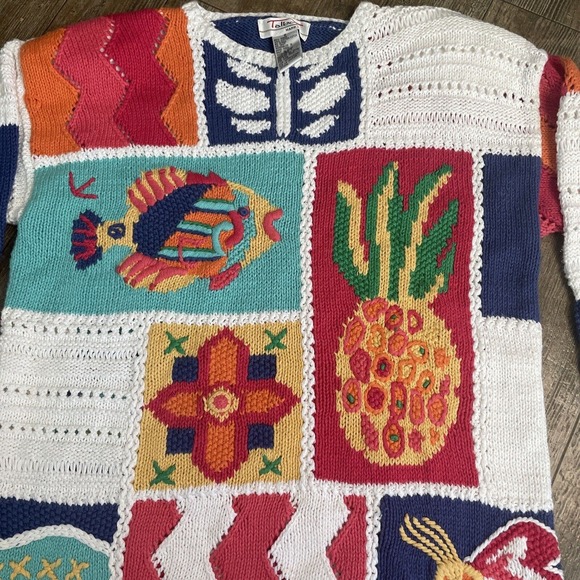 Talbots Hand Knit Patchwork Spring Pullover Sweater Fish Pineapple Women’s Small - Picture 3 of 7